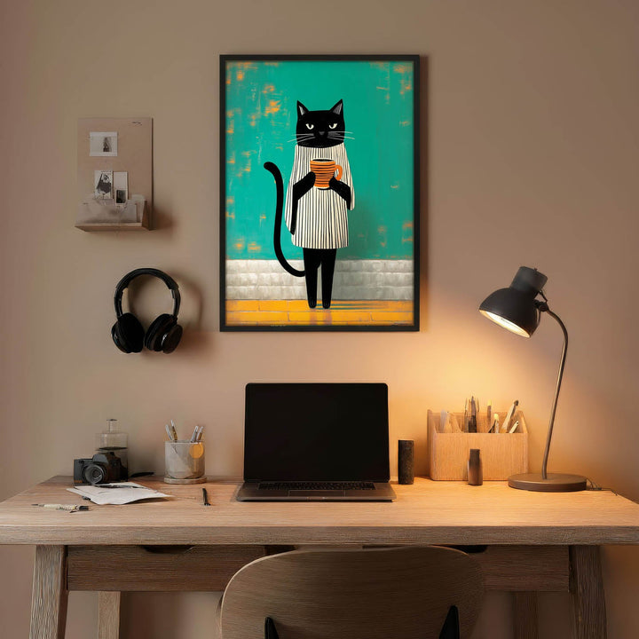 standing cat holding a cup of coffee  