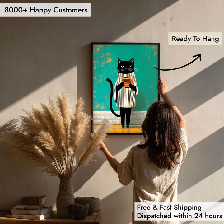 standing cat holding a cup of coffee  