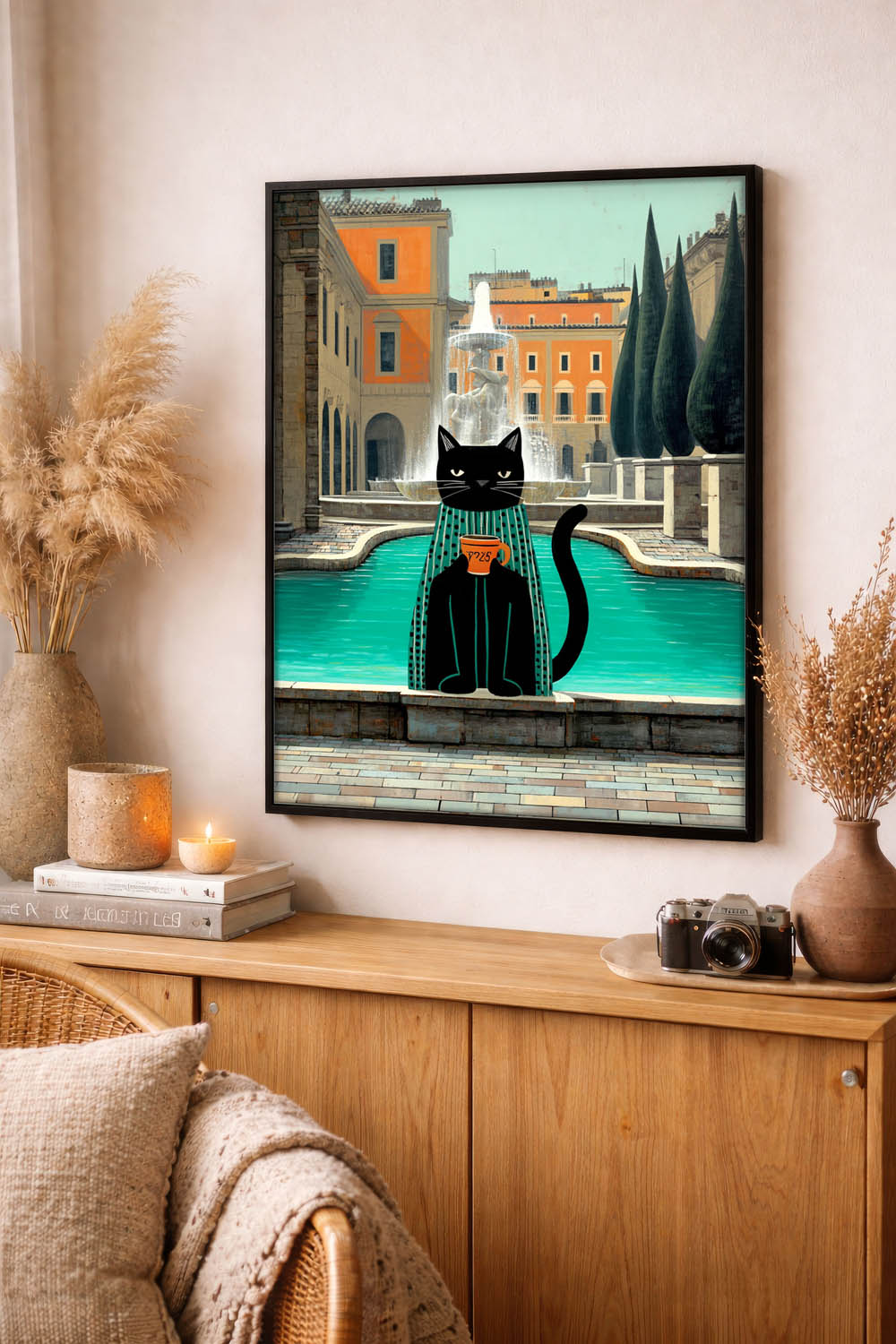 standing cat holding a cup of coffee  