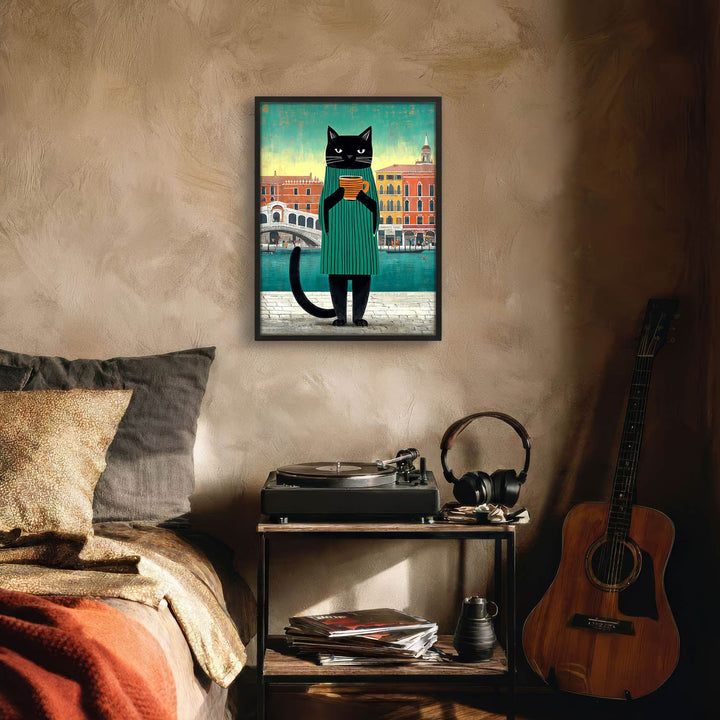 standing cat holding a cup of coffee  