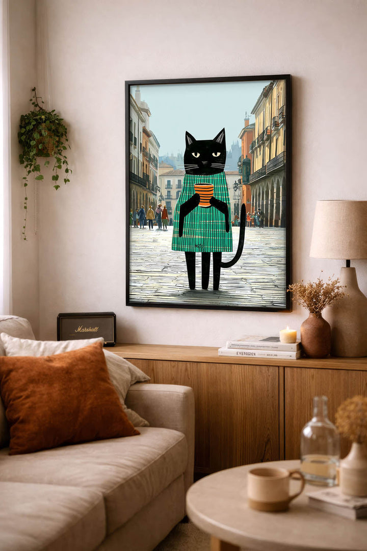 standing cat holding a cup of coffee  