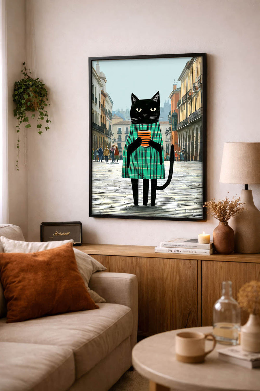 standing cat holding a cup of coffee  