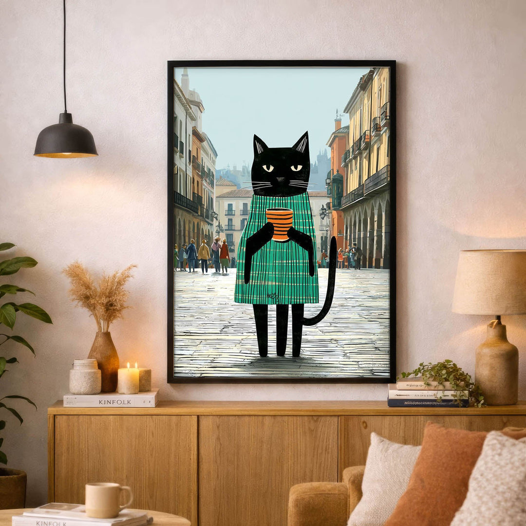 standing cat holding a cup of coffee  