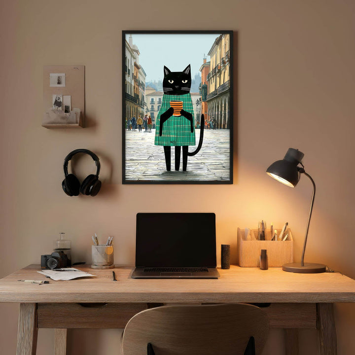 standing cat holding a cup of coffee  