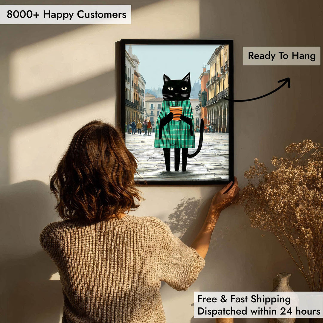 standing cat holding a cup of coffee  