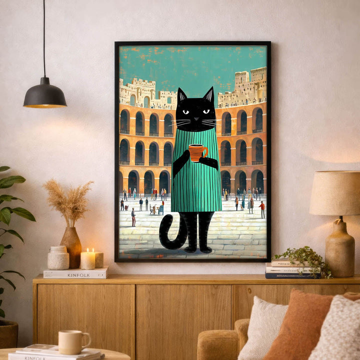 standing cat holding a cup of coffee  