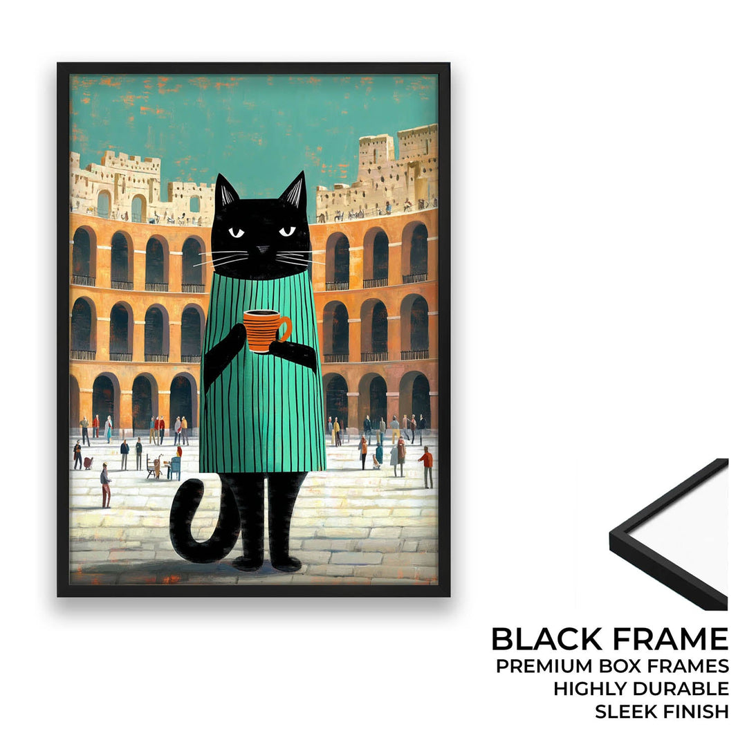 standing cat holding a cup of coffee  