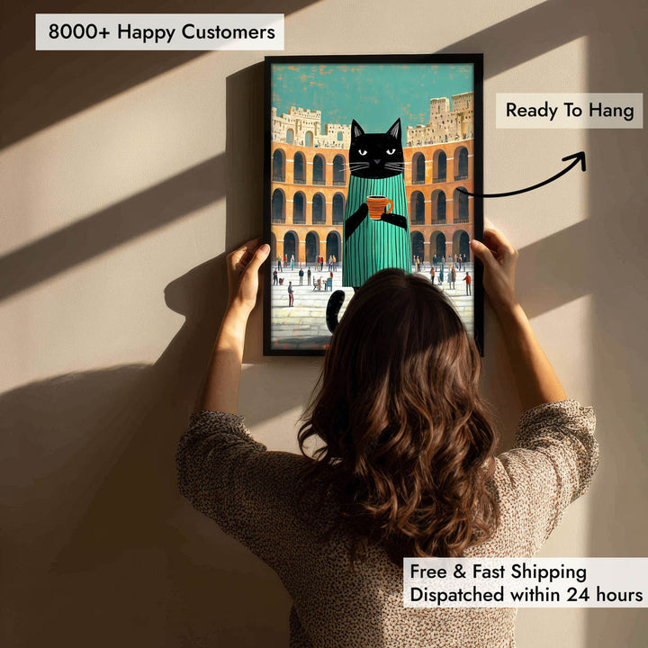 standing cat holding a cup of coffee  