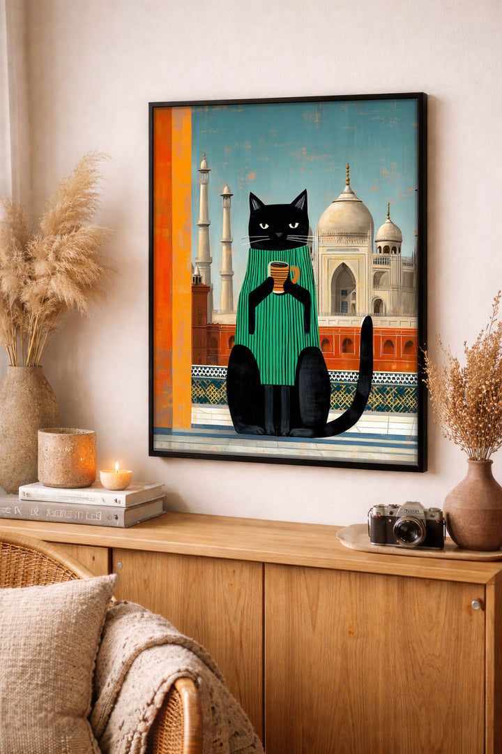 standing cat holding a cup of coffee  