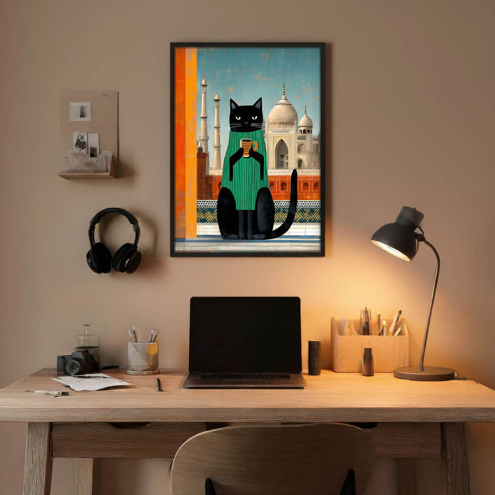 standing cat holding a cup of coffee  