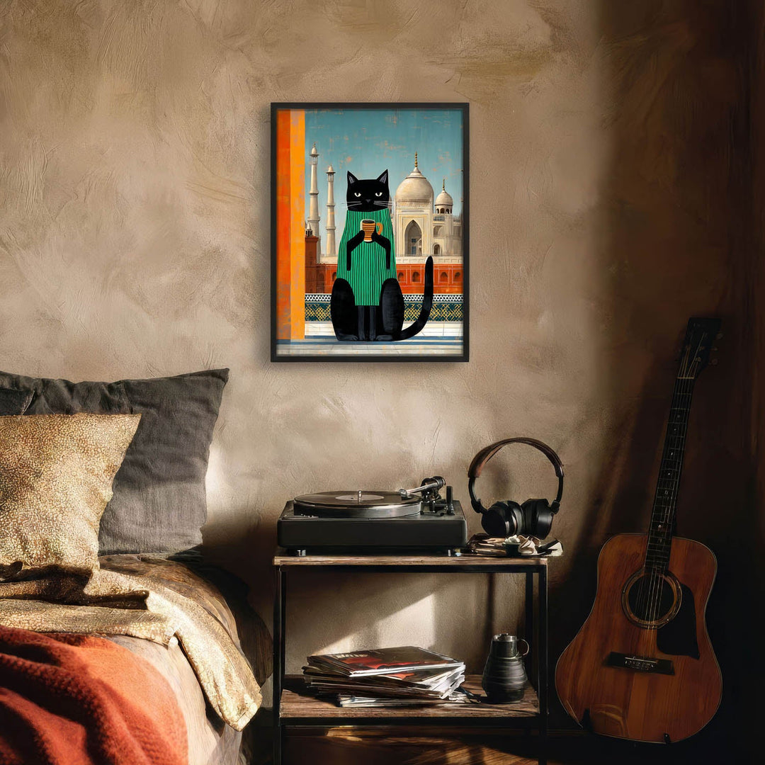 standing cat holding a cup of coffee  