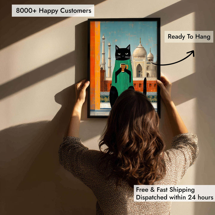 standing cat holding a cup of coffee  