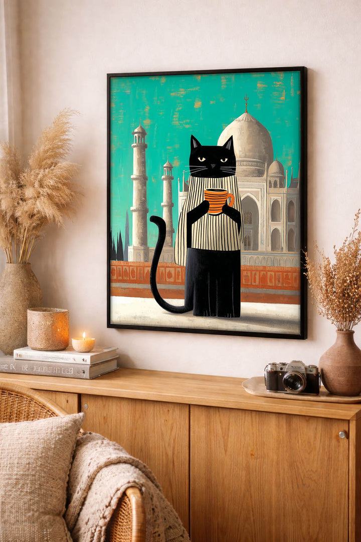 standing cat holding a cup of coffee  