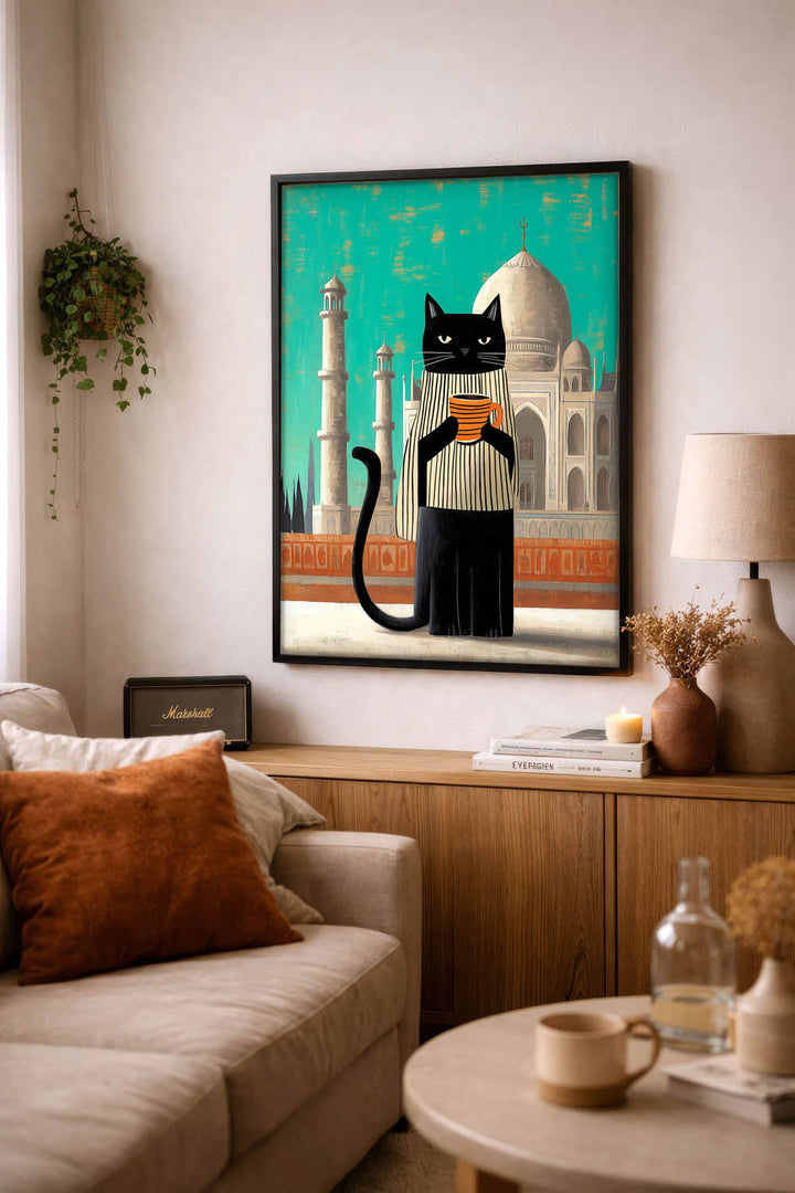 standing cat holding a cup of coffee  