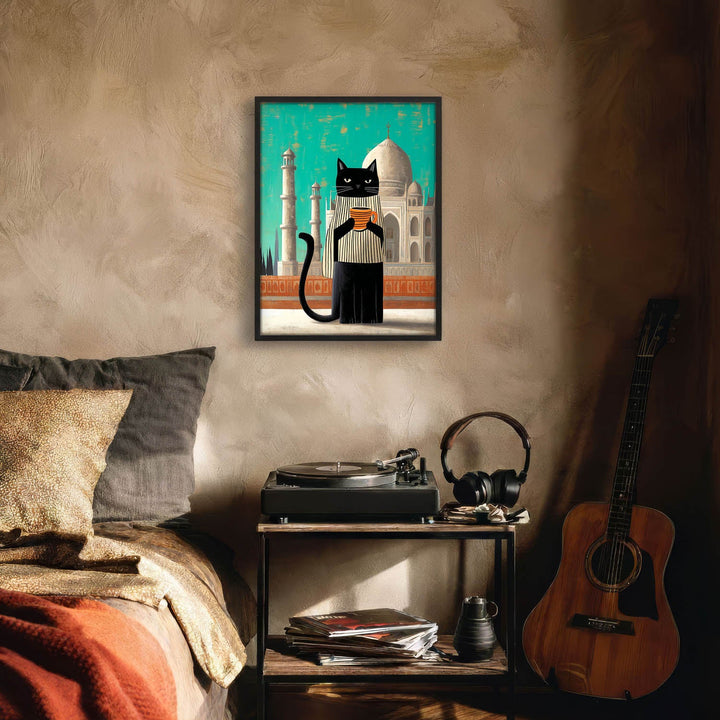 standing cat holding a cup of coffee  