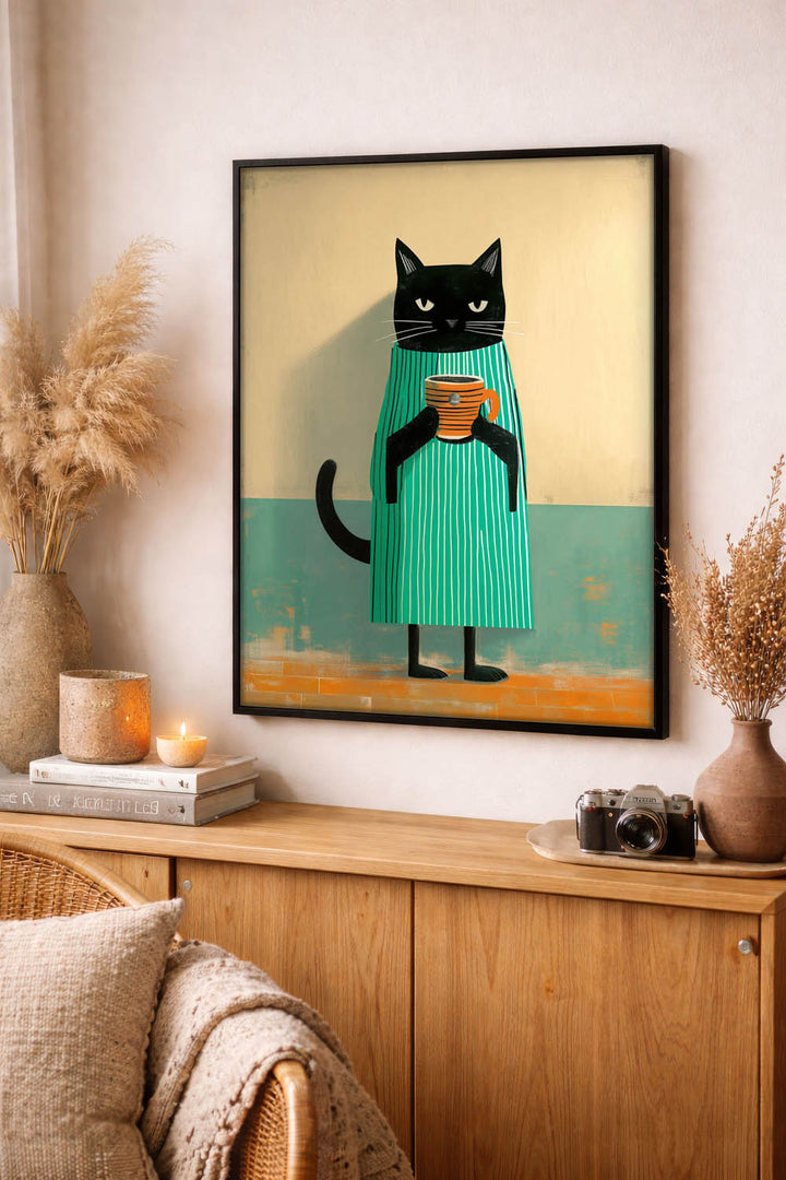 standing cat holding a cup of coffee  