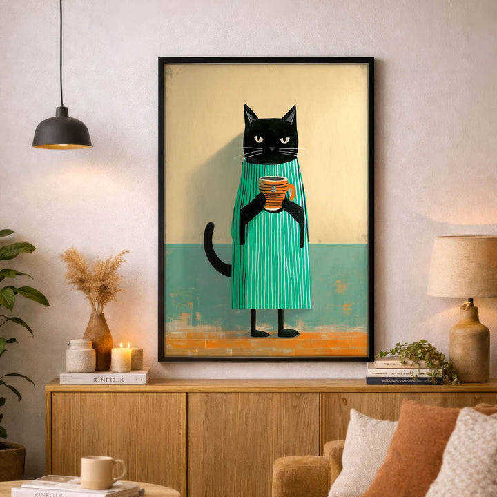 standing cat holding a cup of coffee  
