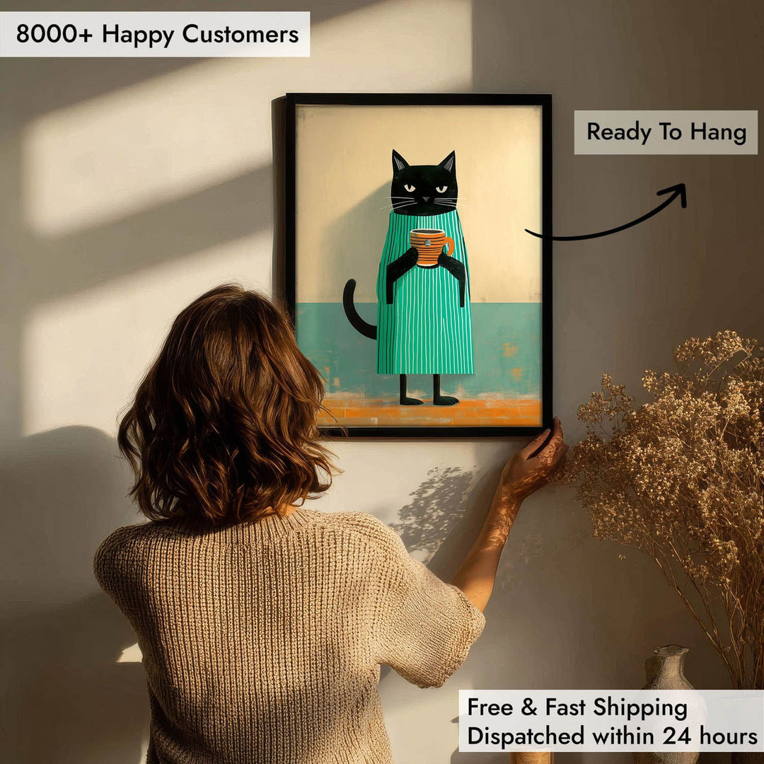 standing cat holding a cup of coffee  