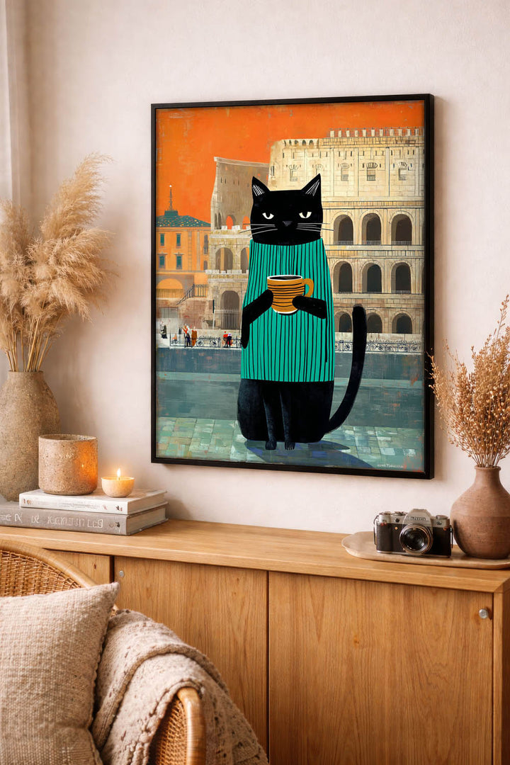 standing cat holding a cup of coffee  