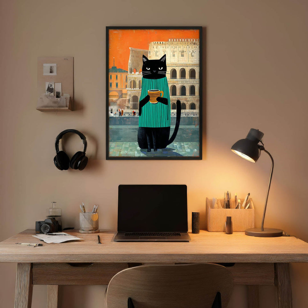 standing cat holding a cup of coffee  