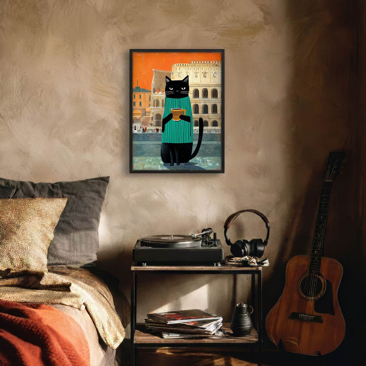 standing cat holding a cup of coffee  