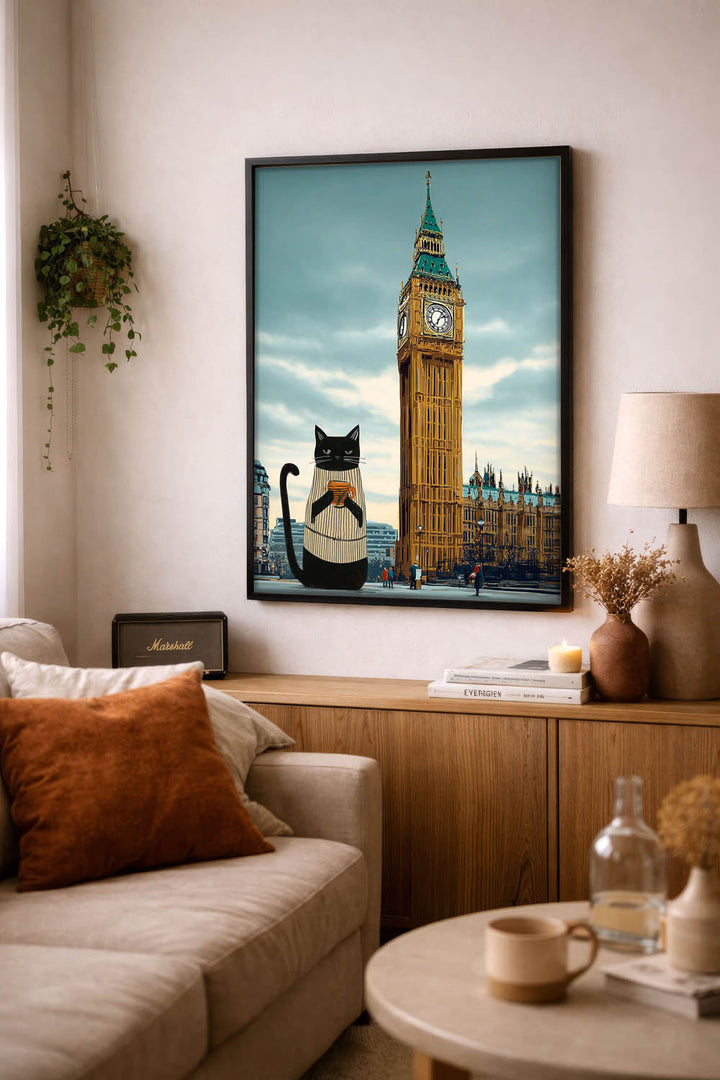 standing cat holding a cup of coffee  