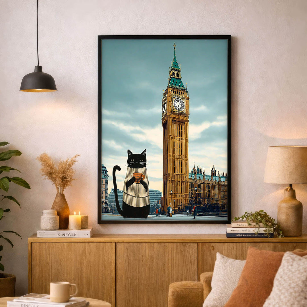 standing cat holding a cup of coffee  