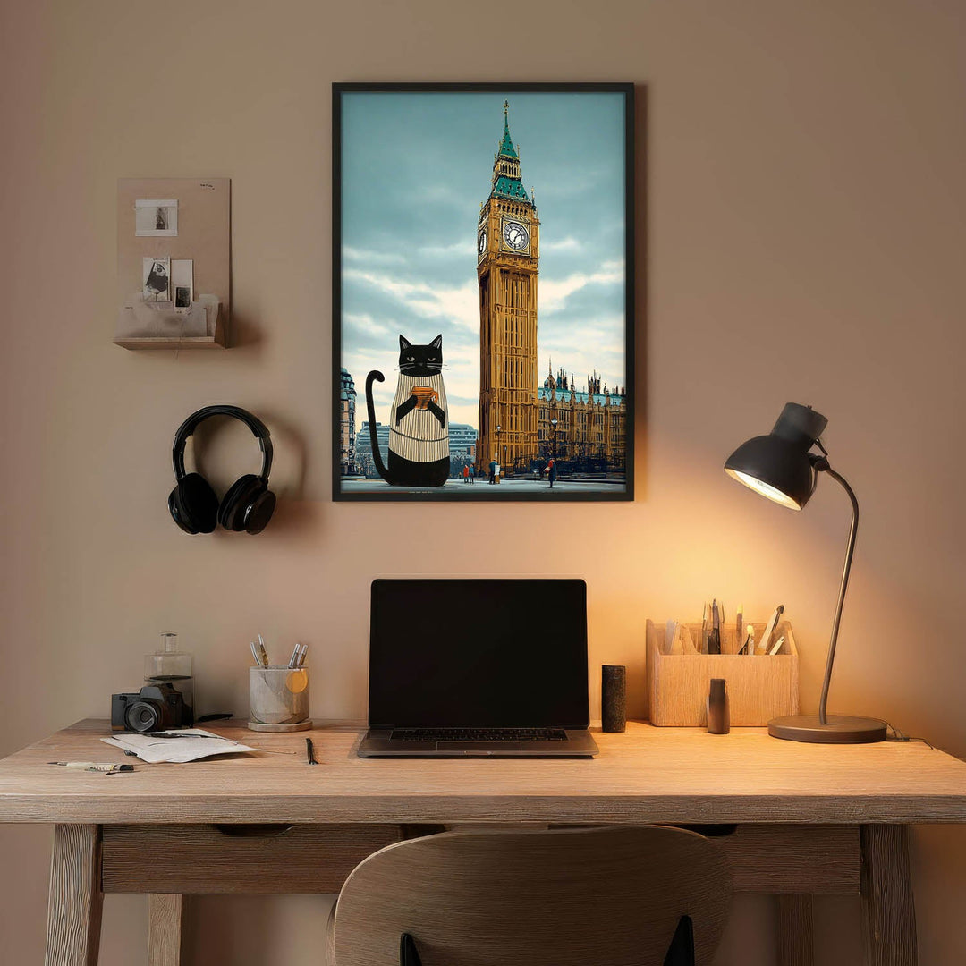 standing cat holding a cup of coffee  