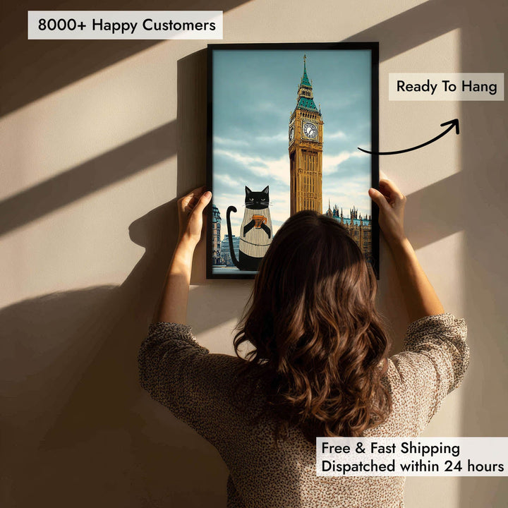 standing cat holding a cup of coffee  