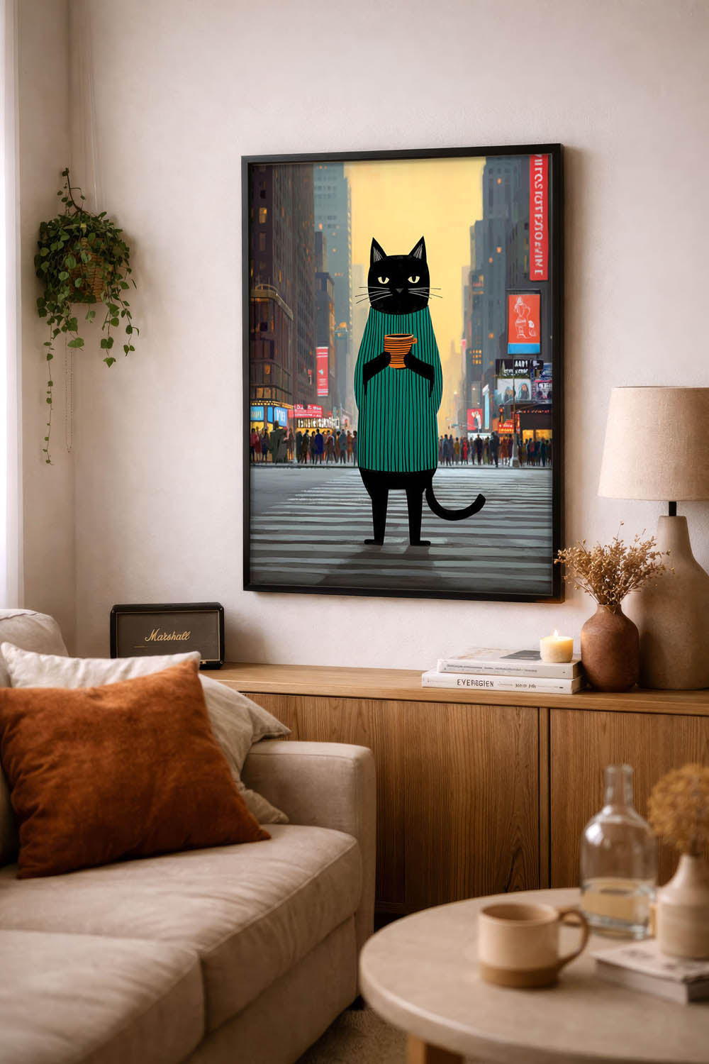 standing cat holding a cup of coffee  