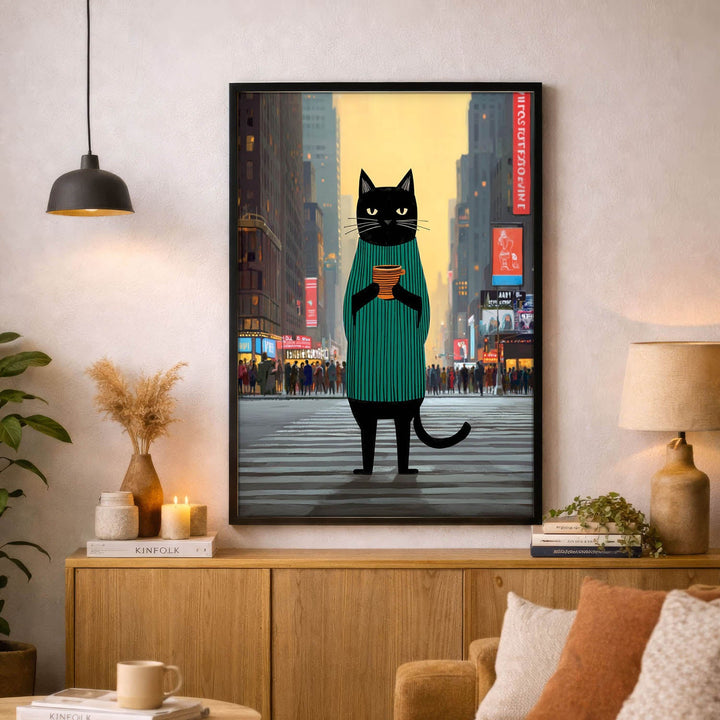 standing cat holding a cup of coffee  