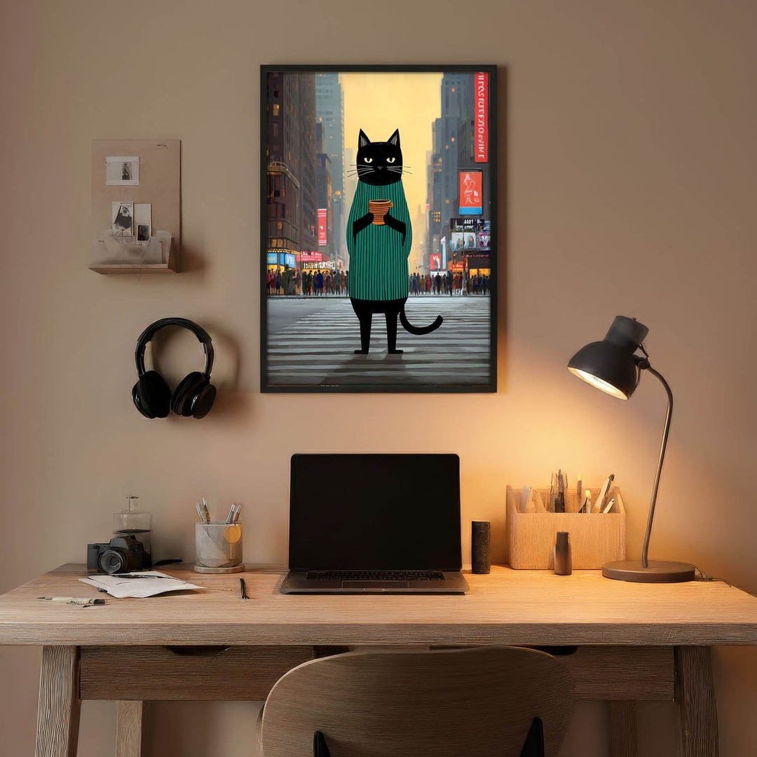 standing cat holding a cup of coffee  