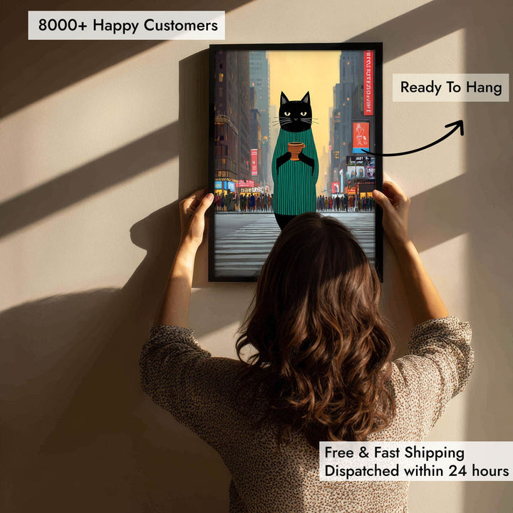 standing cat holding a cup of coffee  