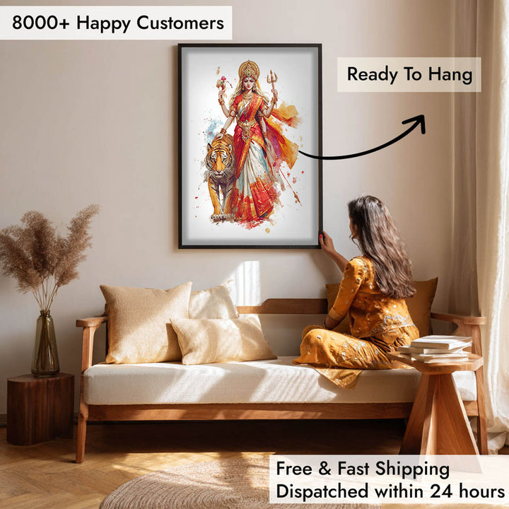 Durga with Tiger Painting – Divine Shakti Wall Art