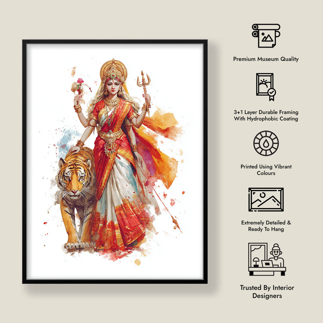 Durga with Tiger Painting – Divine Shakti Wall Art