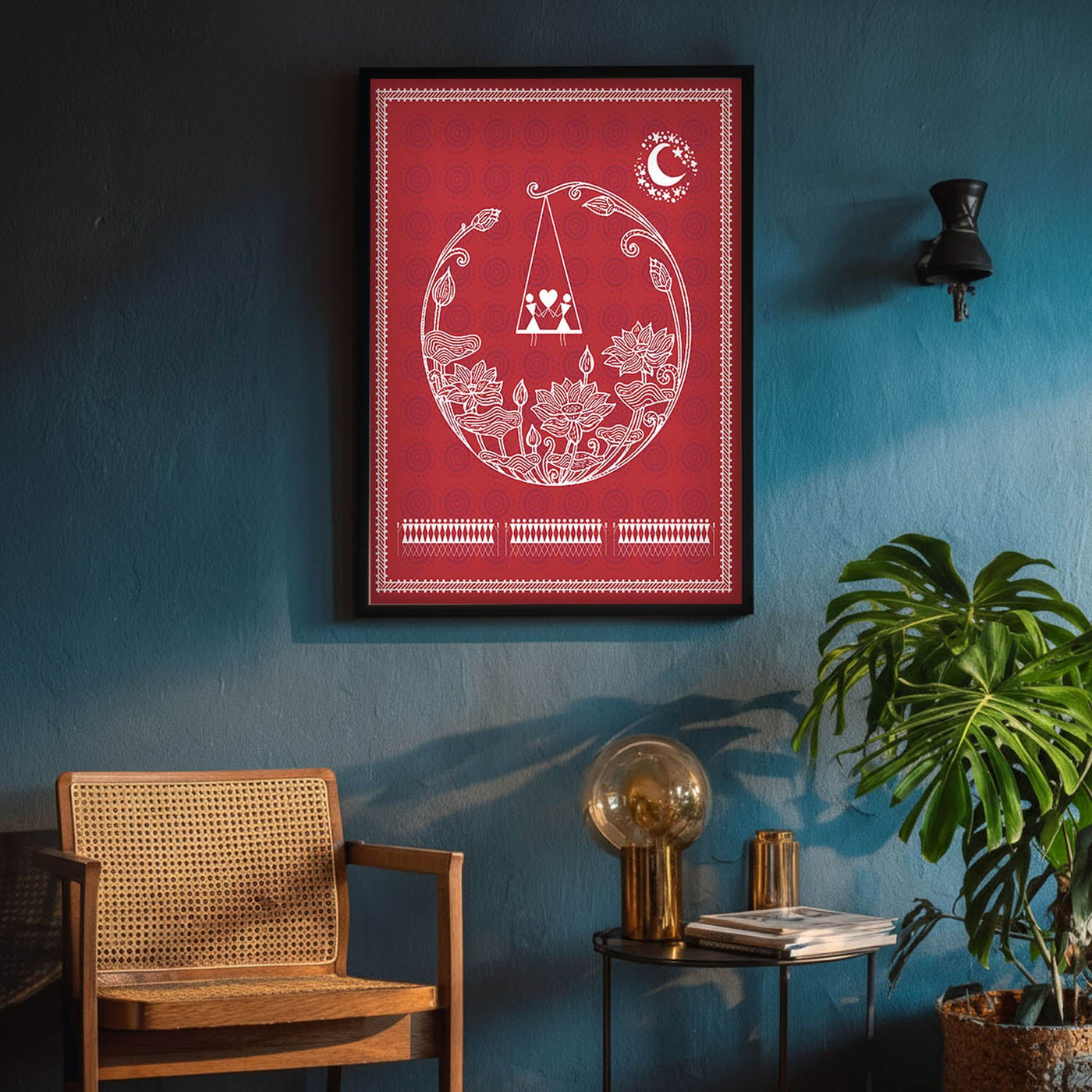 Warli-inspired framed artwork displayed in a modern Indian living space
