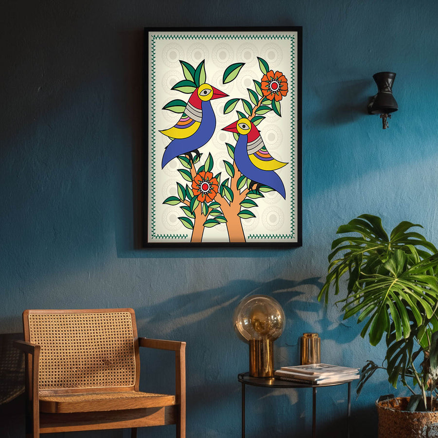 Art of parrots in gond form hanging on a blue wall