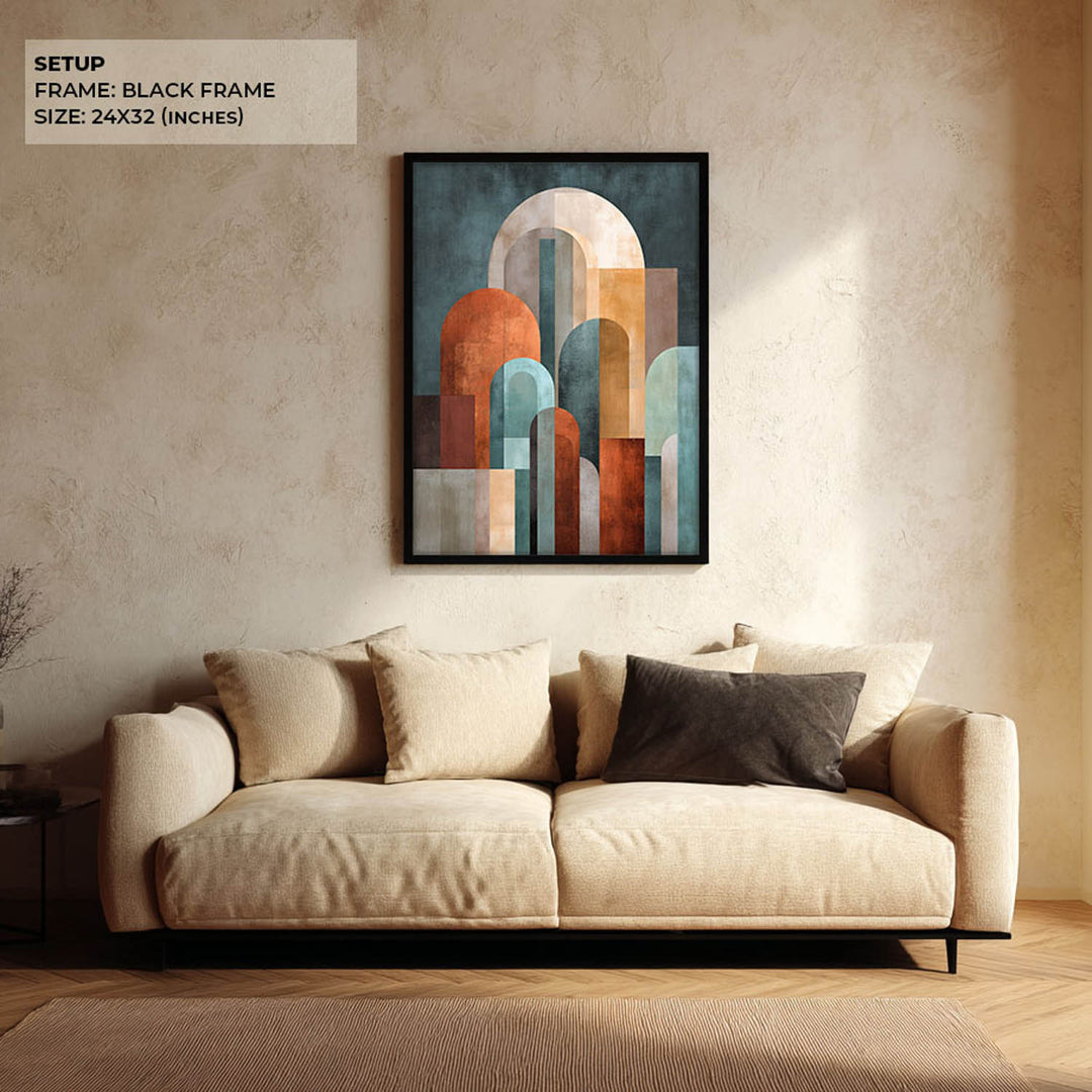 Beige sofa with decorative pillows in a living room setting, featuring an abstract art print on the wall.