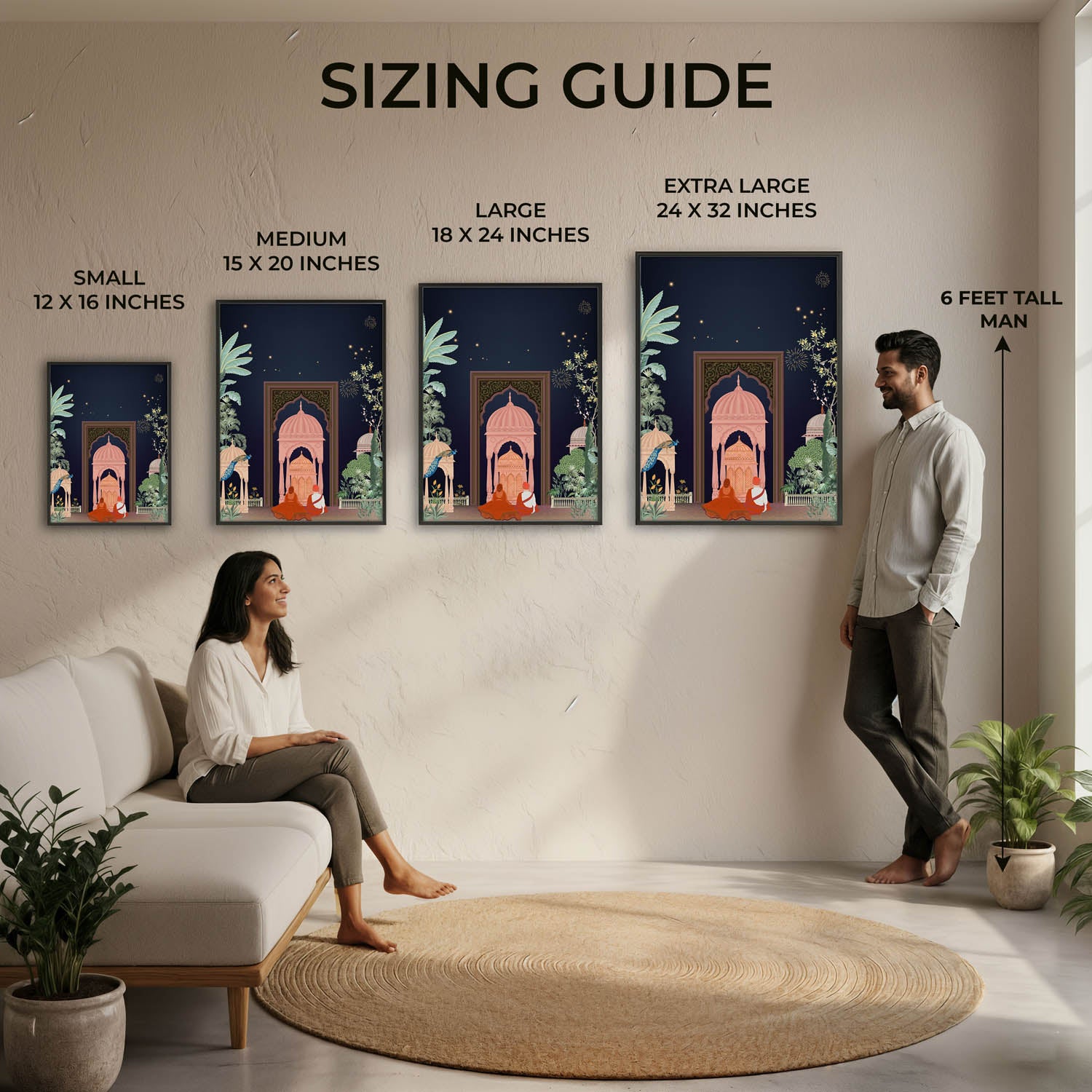 Sizing guide for wall art displayed in a living room with a man and woman.