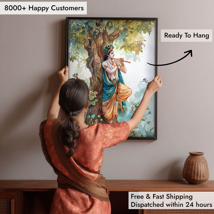 Lord Krishna Flute Painting under Tree – Vastu Wall Art