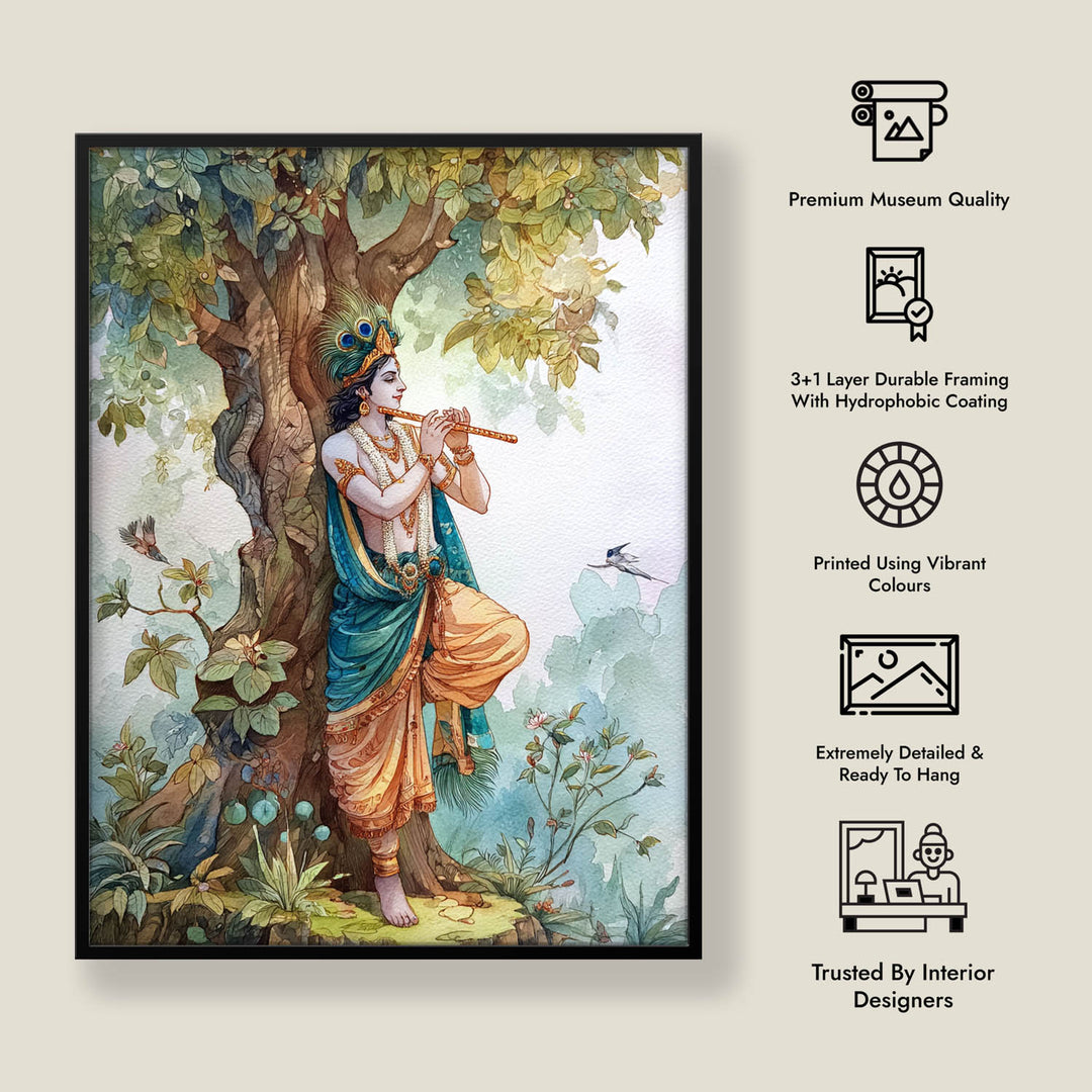 Lord Krishna Flute Painting under Tree – Vastu Wall Art
