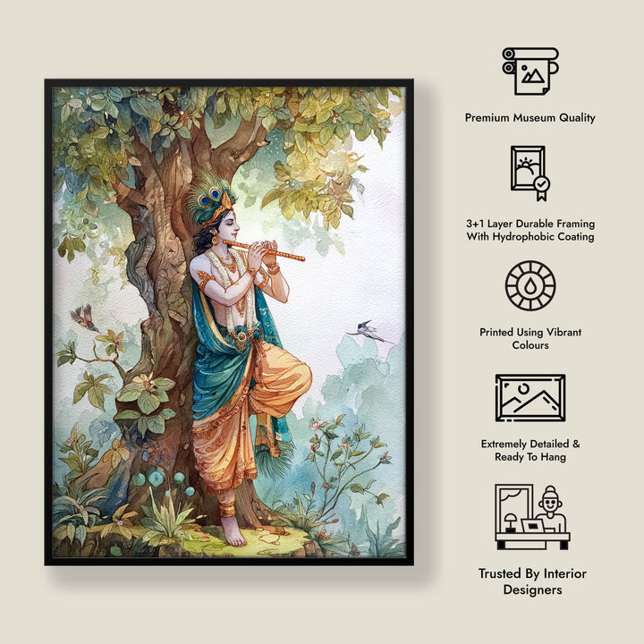 Lord Krishna Flute Painting under Tree – Vastu Wall Art