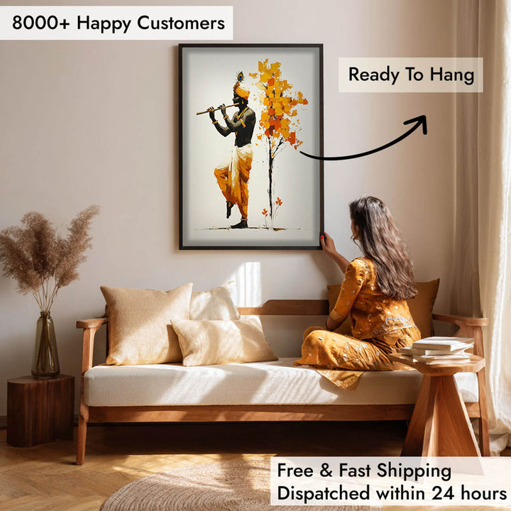Lord Krishna Flute Painting with Tree – Vastu Wall Art