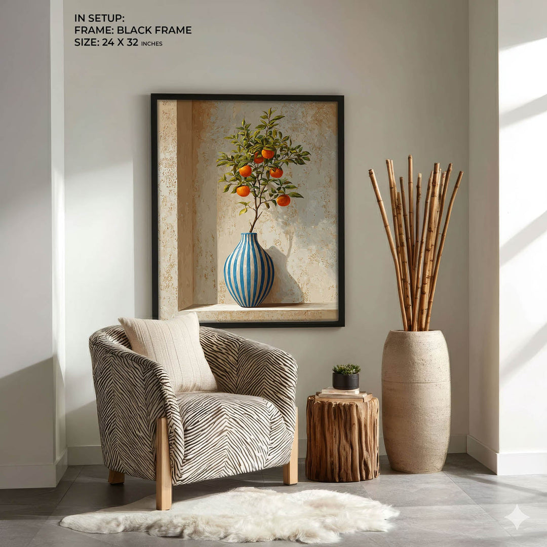 Blue Striped Vase with Orange Tree