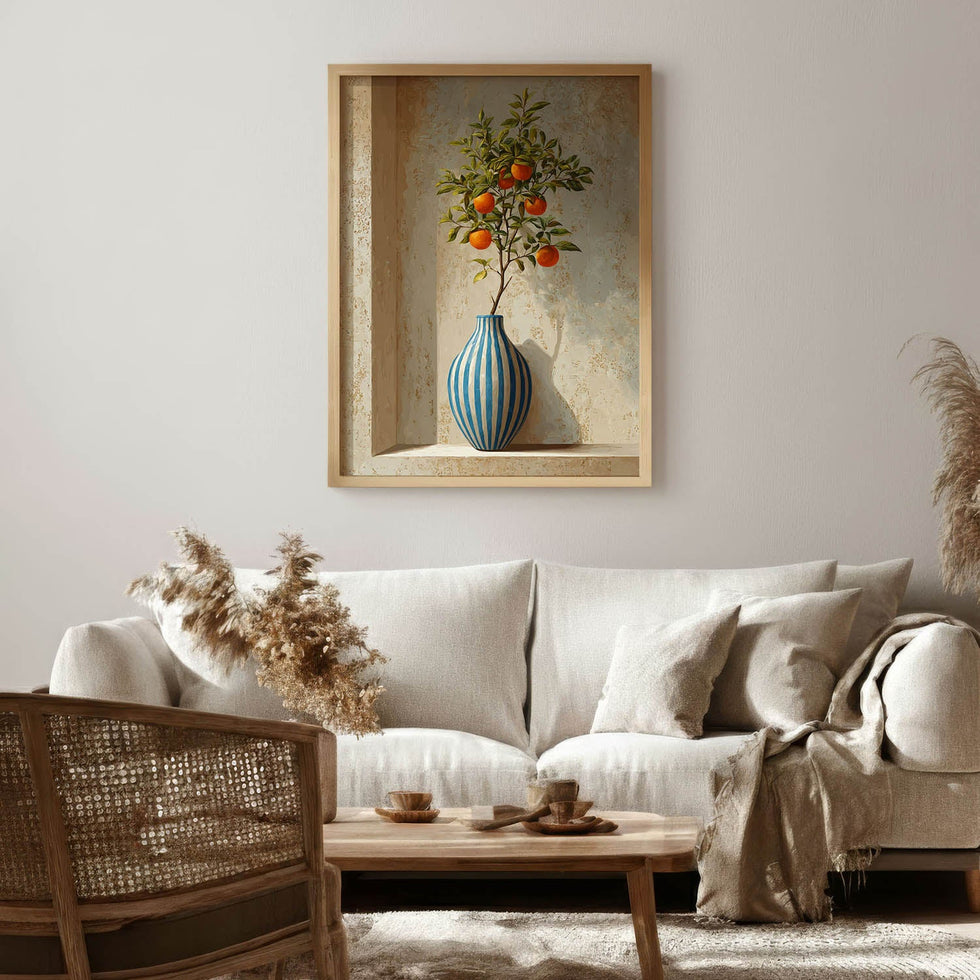 Blue striped vase art print as living room statement art