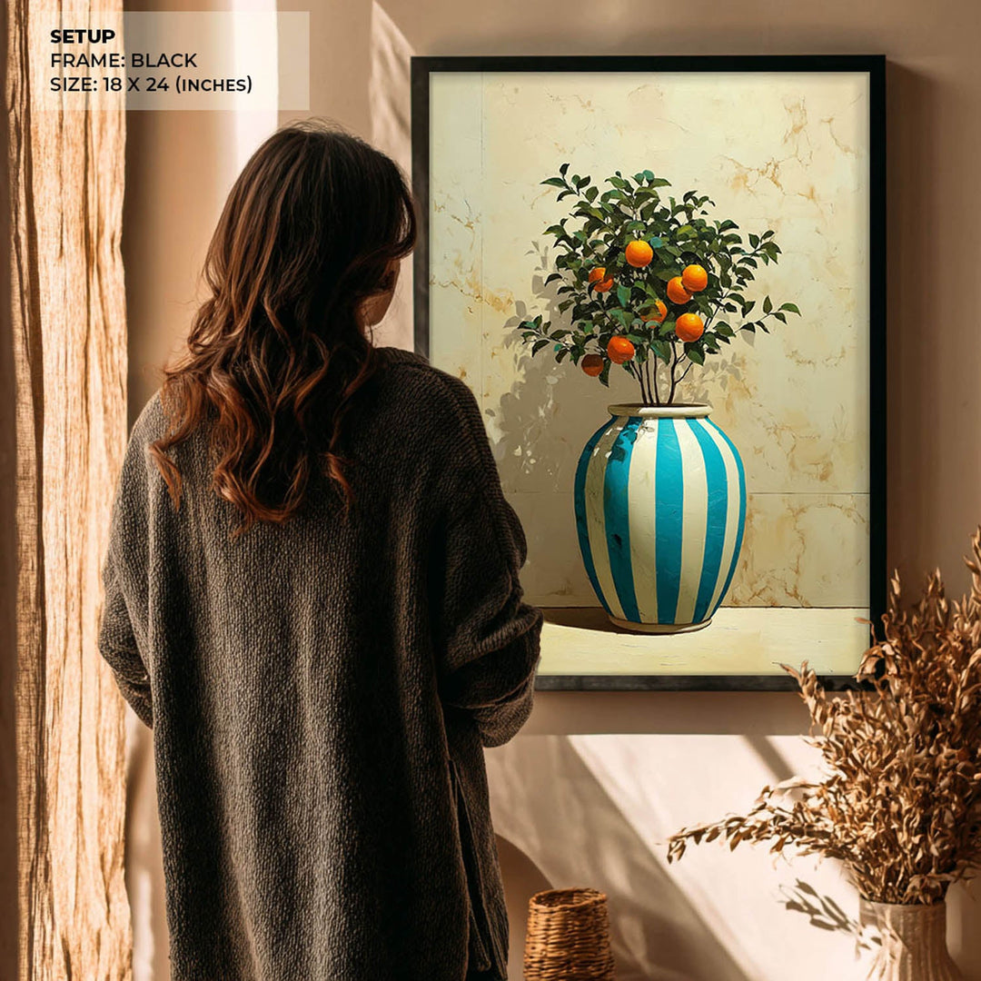 Mediterranean Orange Tree Still Life Wall Art – Blue & White Vase Painting