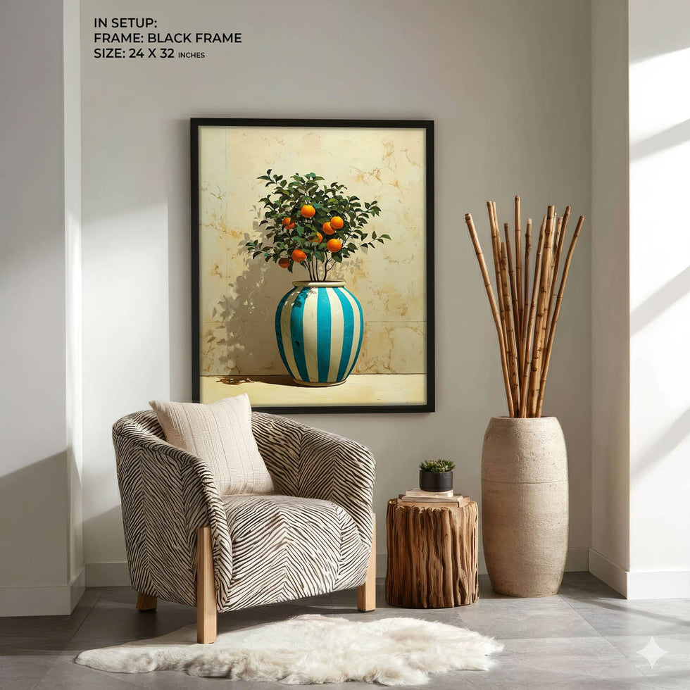 Mediterranean Orange Tree Still Life Wall Art – Blue & White Vase Painting
