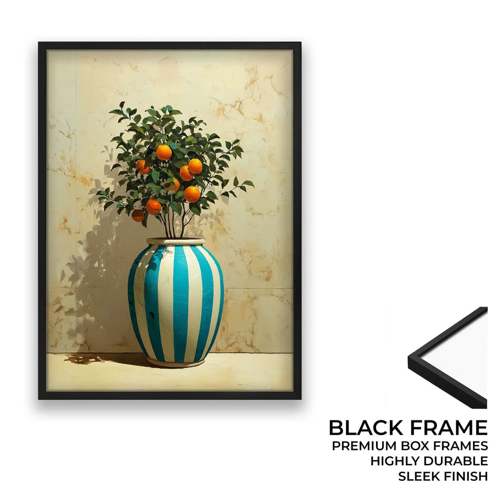Mediterranean Orange Tree Still Life Wall Art – Blue & White Vase Painting