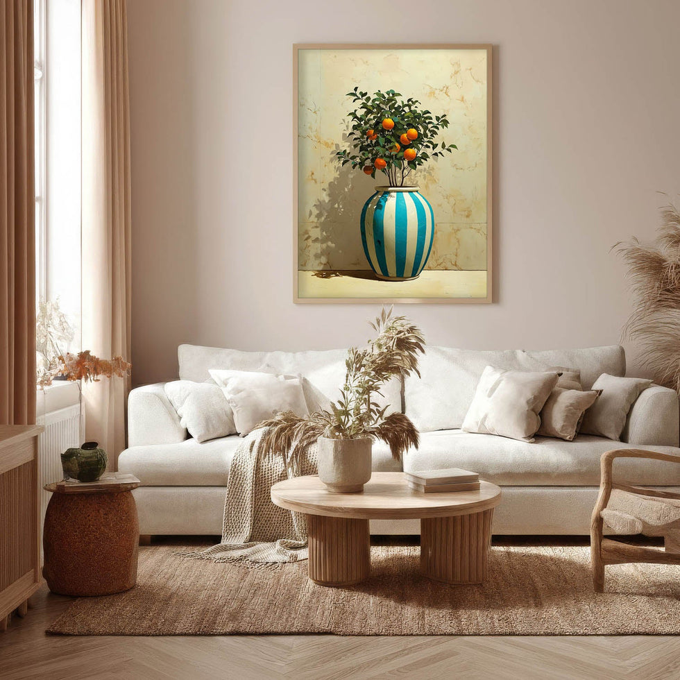 Mediterranean Orange Tree Still Life Wall Art – Blue & White Vase Painting