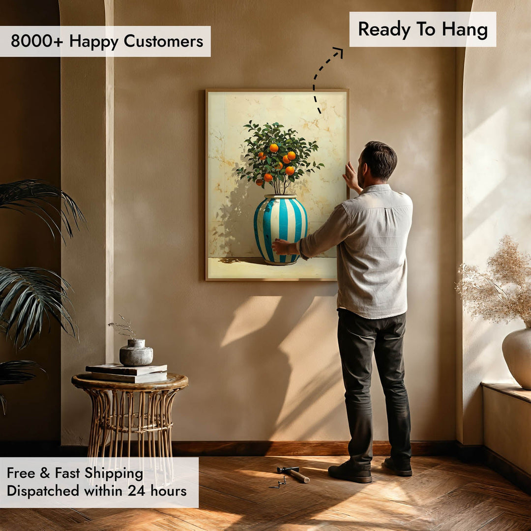 Mediterranean Orange Tree Still Life Wall Art – Blue & White Vase Painting